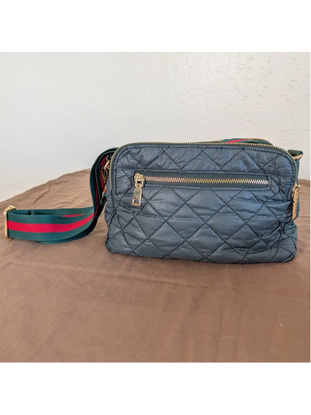 Urban Expressions Quilted Puffer Crossbody Green Red Stripe Strap Gold Hardware